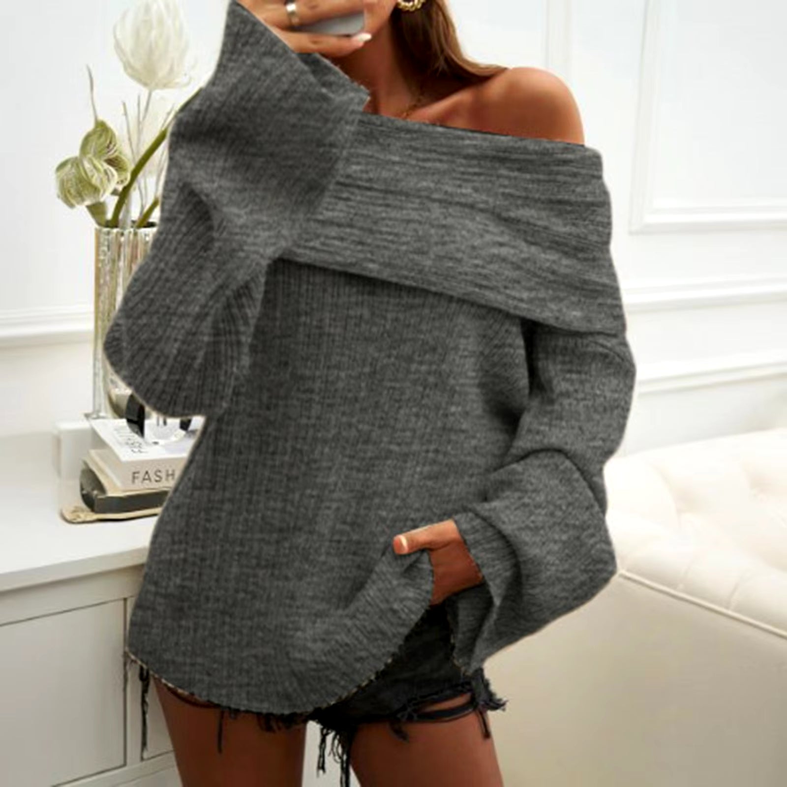 Women off Shoulder Sweater Tops Oversized Knit Sexy Pullover Solid Color Casual Sweaters Autumn Winter Knitwear Streetwear